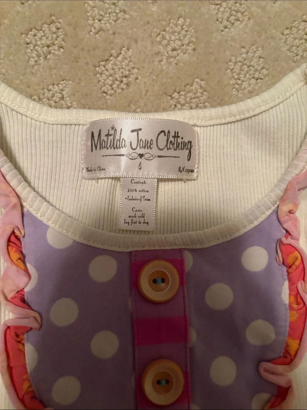 Matilda Jane White Tank with Lavender Polka-Dot Bib and Pink Trim